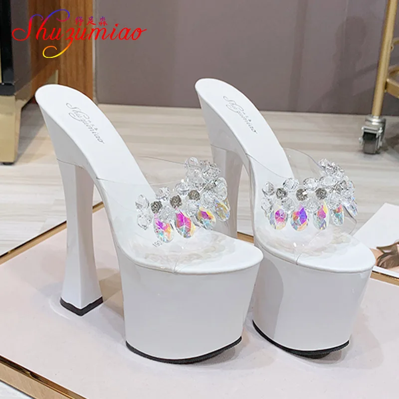

Diamond Sequins Women's Slippers Summer 20CM Transparent PVC Thick Heel Sandals Fashion Platform Wedding Super High Heel Shoes