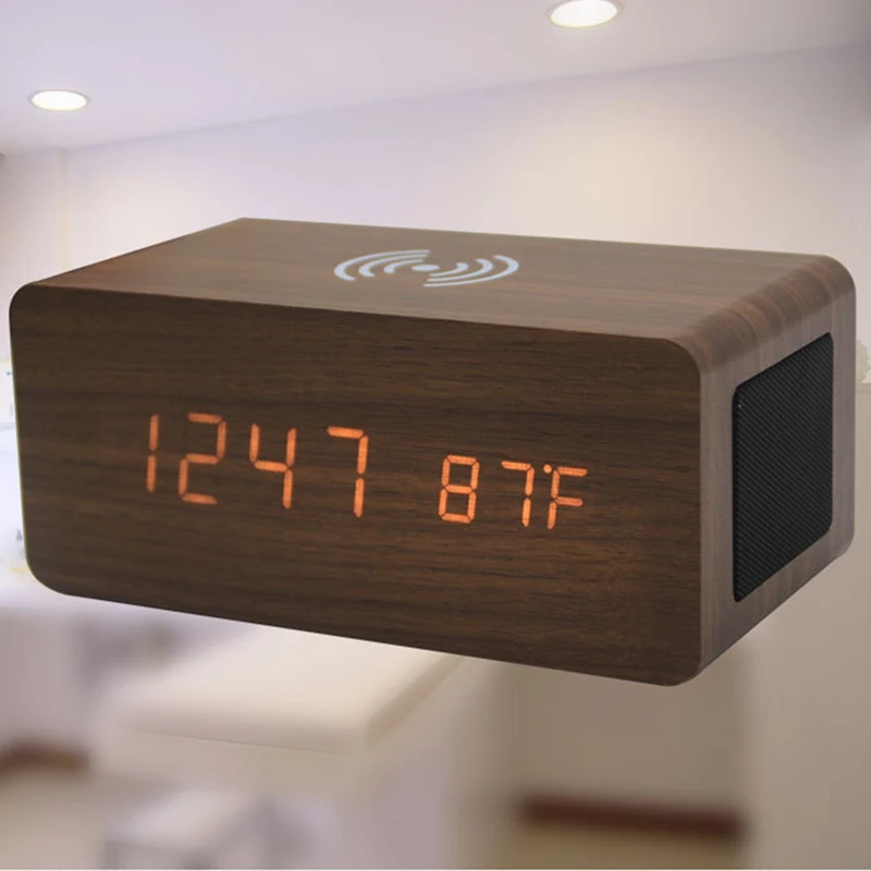 

Wooden Alarm Clock with Bluetooth Speaker Voice Control LED Digital Clock Wireless Charging Phone Wood Temperature Table Clocks