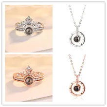 Серебро 925 ювелирные изделия 100 языков я люблю вас проекционное кольцо и кулон Романтическая любовь память Свадебные серебряные украшения набор