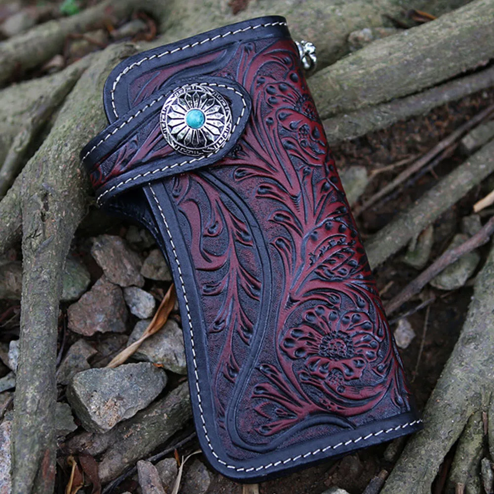 

Men Women Multipurpose Casual Long Japanese Carved Vintage Wallet Storage With Chain Handmade Artificial Cow Leather Gift Holder