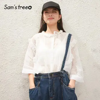 

SAM'S TREE White Solid Single Breasted Korean Chiffon Blouse Women 2020 Summer New Frill Half Sleeve Casual Girly Sweet Tops