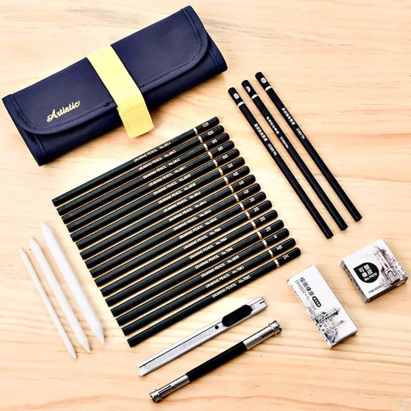 

27pcs Sketch Pencil Set Professional Sketching Drawing Roll Up Bags Kit Painter