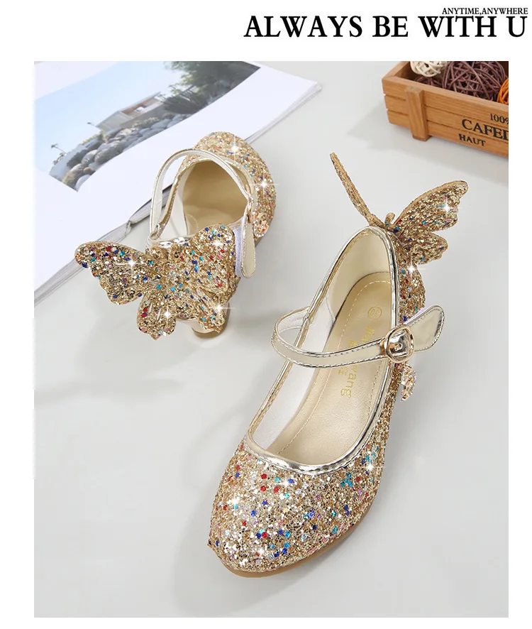 girls shoes 2020 Princess Kids Leather Shoes for Girls Flower Casual Glitter Children High Heel Girls Shoes Butterfly Knot Blue Pink Silver girls leather shoes