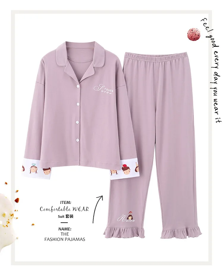 Autumn Winter Cotton Printing Lapel Top+ Long Pant 2 Piece Sets Pajamas Set For Women Cute Sleepwear Pyjama Puls Size Homewear