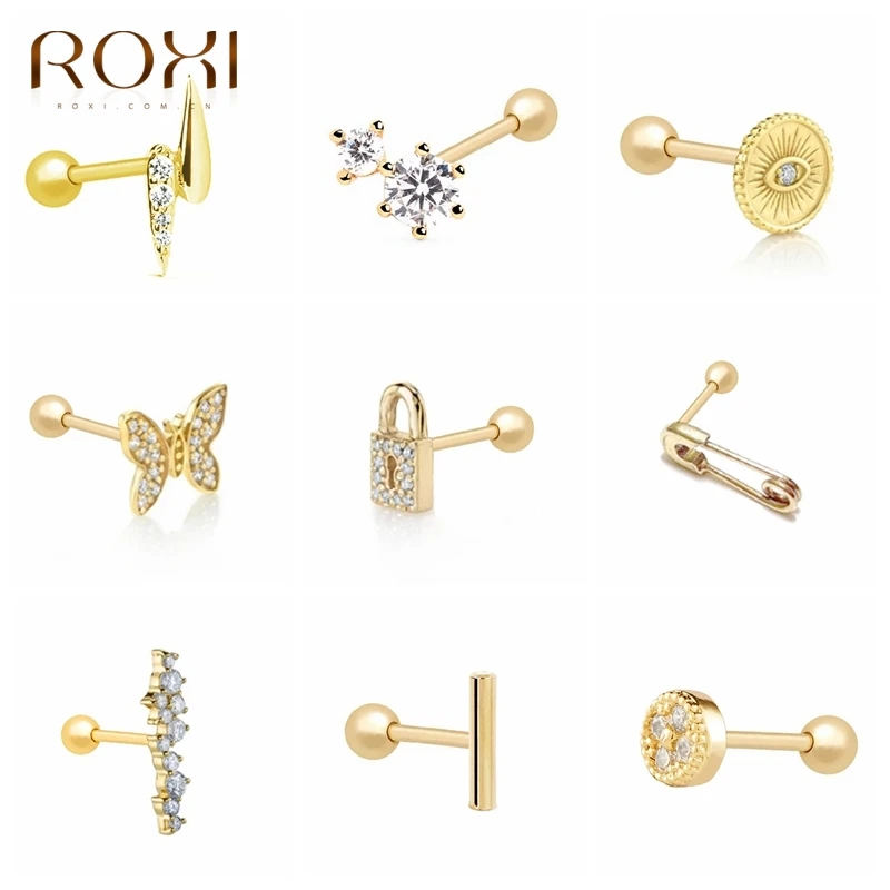 ROXI Ins Small Crystals Stud Earrings For Women Eye Insect Lock Pin Geometry Piercing 925 Sterling Silver Pendientes | Украшения и