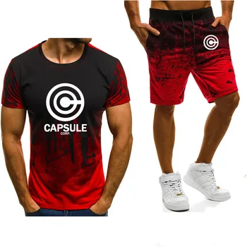 

Summer Men's T-shirt Anime The Dragon Ball Z CAPSULE CORP Logo Print Casual Gradient Super Saiyan Men's T-shirt+shorts suit 2pcs