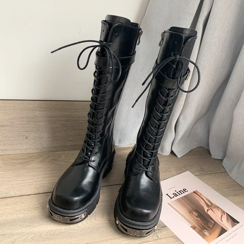 Женские ботфорты на шнуровке высокие эластичные мотоциклетные сапоги в стиле