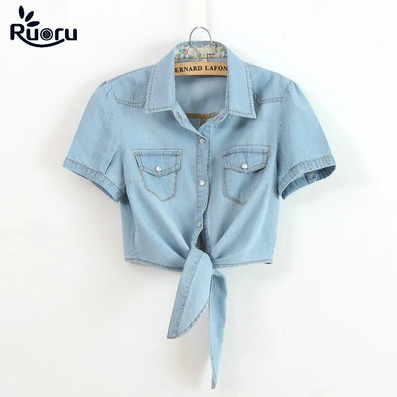 Ruoru Kimono Crop Top Summer Women Girls Short Denim Shirts Tie Up Jeans Blouse Students Coats Denim Women Shirts Cute Tops