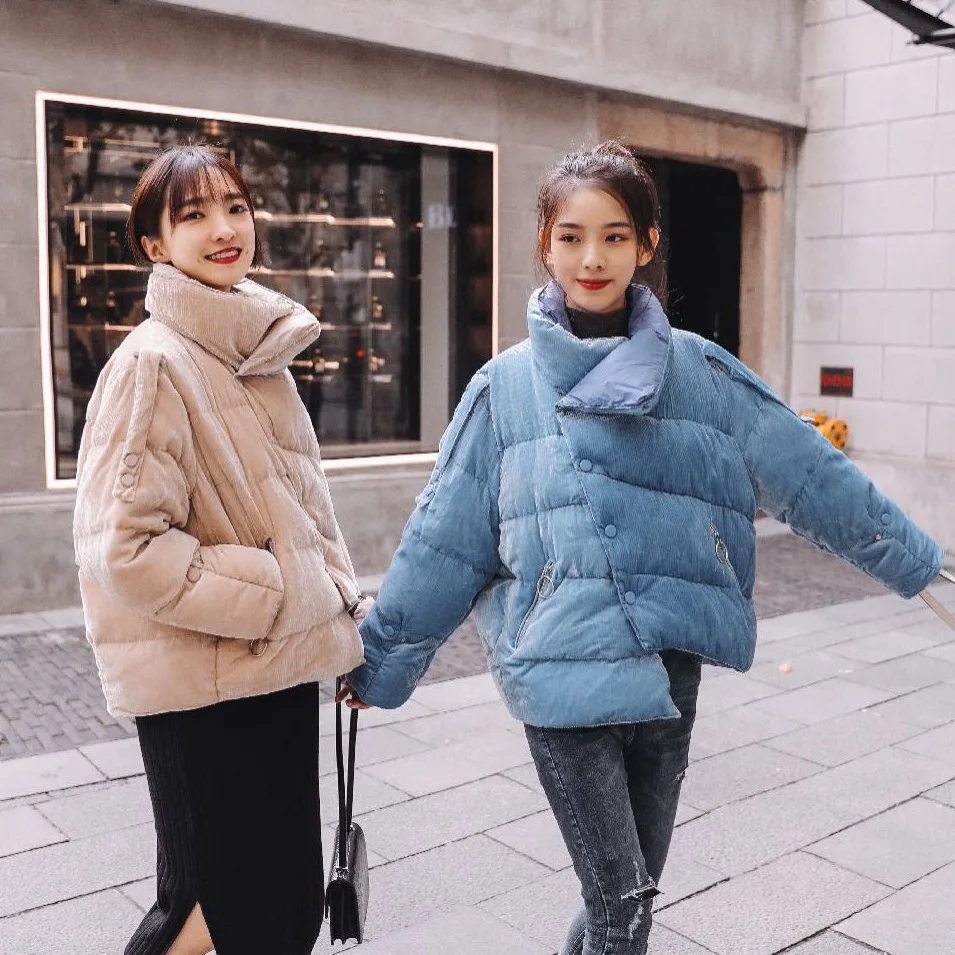 

Photo Shoot CHIC Sweet Off-white Irregular Short down Coat Thick Single Breasted Stand Collar Best Friend Velvet Cotton-padded J