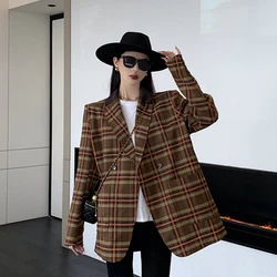 Blazer xadrez jaqueta feminina inglaterra estilo solto casual meados de comprimento blazer escritório senhoras roupas 2022 primavera nova tendência da moda