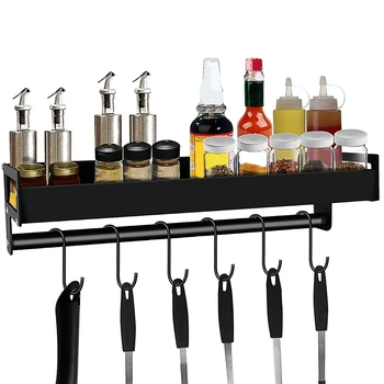 

Spice Rack Organizer with S Hooks Wall Mounted Holder Metal Floating Shelves with Towel Bar for Home Bathroom Kitchen