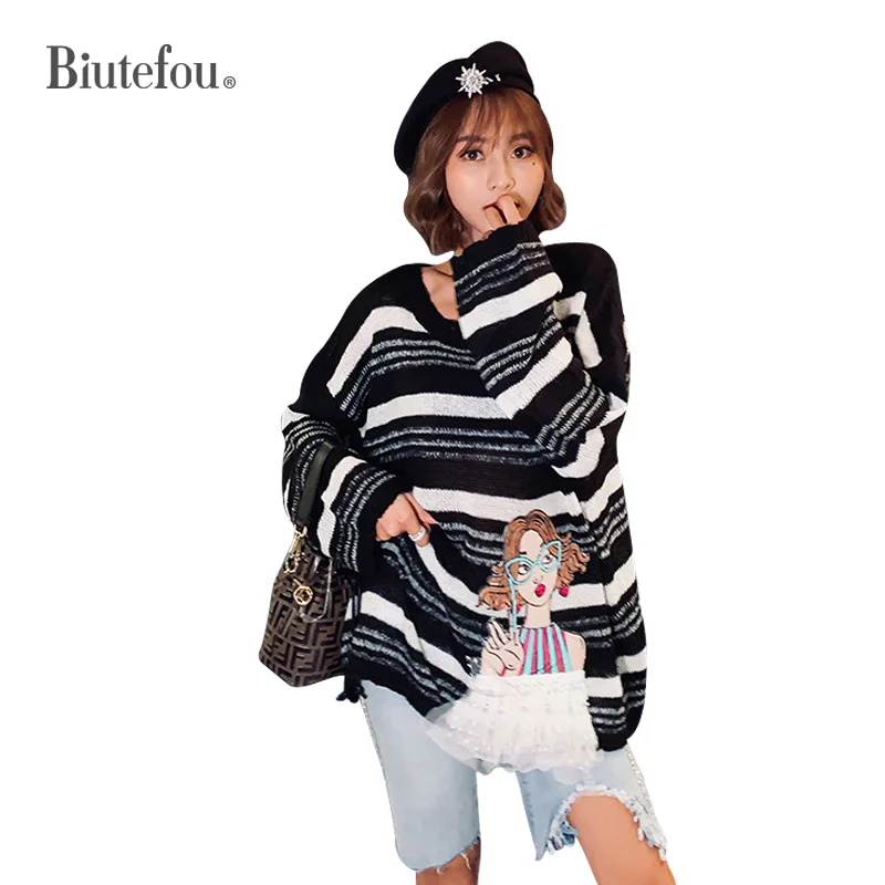 

2019 Autumn stripe sequins sweaters fashion cartoon patch designs women sweaters