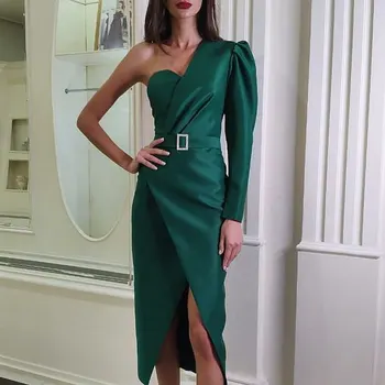 

High Quality Vestidos Green One Shoulder Knee Length Bodycon Dress Evening Party Dress