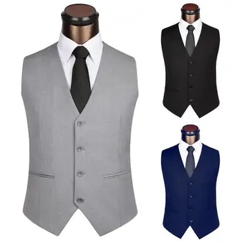

2020 Men's Formal Vintage Style Suit Vest Men Solid Color Sleeveless Back Straps Single-breasted Slim Business Waistcoat