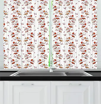 

Burnt Orange White Floral Kitchen Curtains Summer Blossoming Petals Meadow Flourishing Spring Revival Flowers Print Window