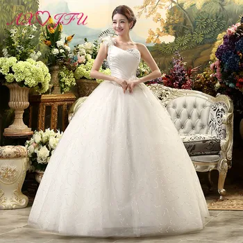 

AXJFU beauty flower lace white wedding Dress vintage one shoulder beading crystal sleeveless flower ball gown wedding dress
