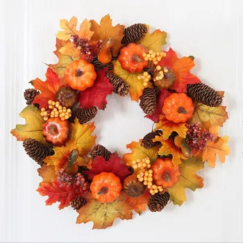 

40cm Autumn Fall Wreath Christmas Decoration Thanksgiving Garlands With Maple Leaves For Window Front Door Decoration Ornaments