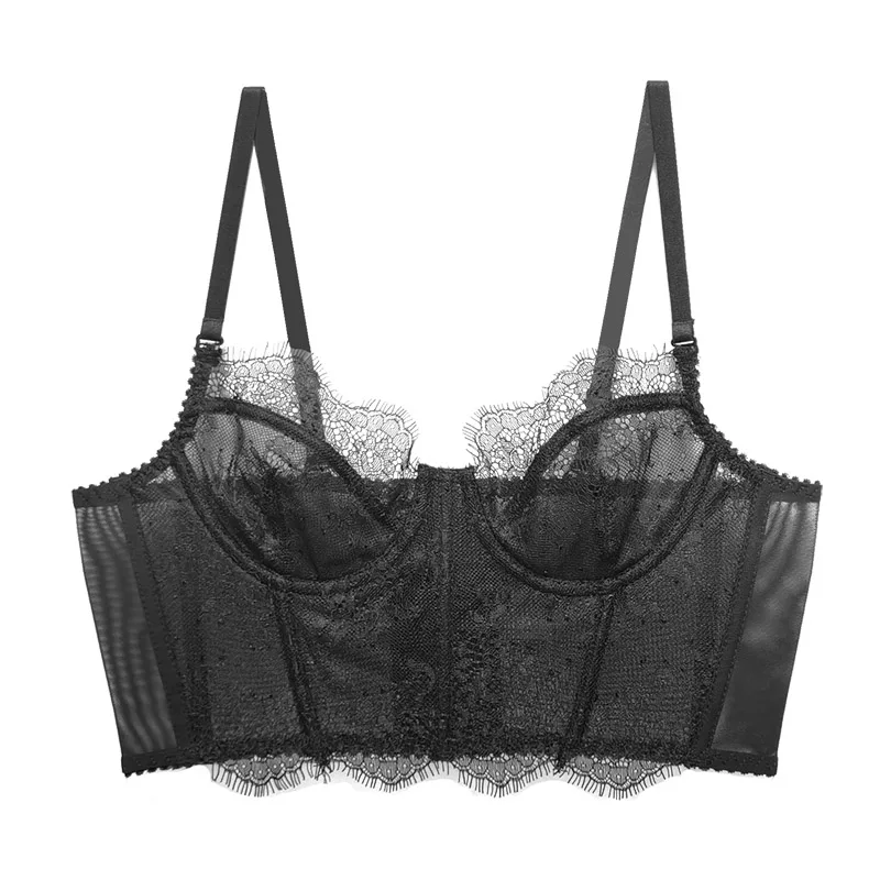 

3/4 Cup Lace Bra Top Female Sexy Lingerie Ultra Thin Transparent Bras For Women Push Up Gather Underwear Vest Brassiere A B C
