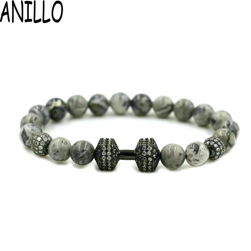 Anillo микро проложить Для мужчин CZ Медь бисером гантели браслет натуральный серый камень 8 мм Шарм для Для женщин Fit молитва штангой ювелирные изделия