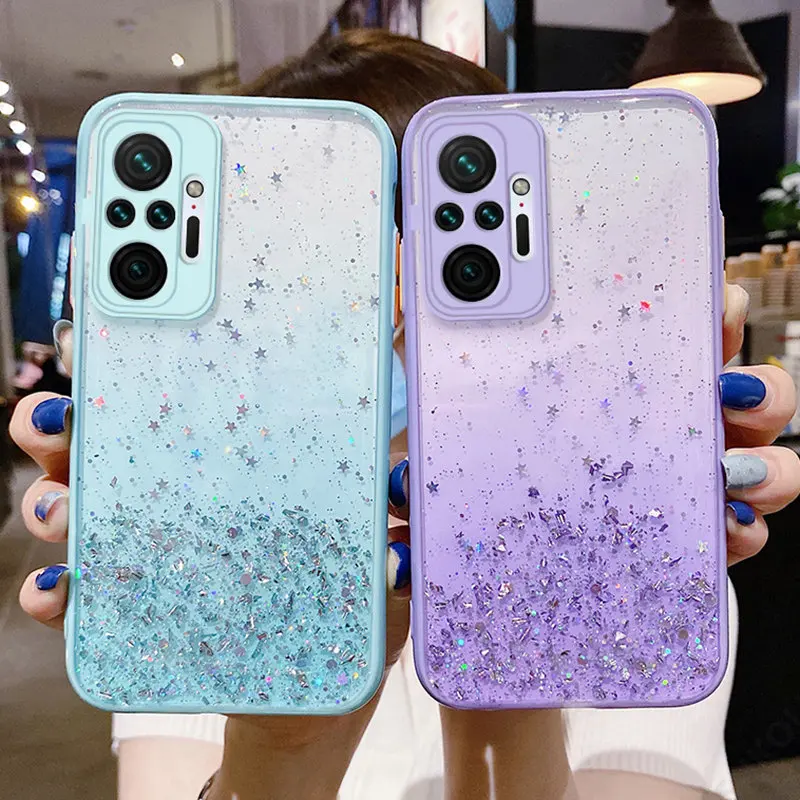 Clear Glitter Phone Case For Xiaomi Redmi Note 10 9 Pro 10S 9S POCO X3 NFC Pro F3 M3 Soft Cute Gradient Rainbow Sequins Coque