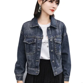 

Rlyaeiz Chaquetas Mujer 2019 Autumn Streetwear Wash Denim Jacket Women Hand-studded Rivet Short Jeans Jacket Blue Black Overcoat