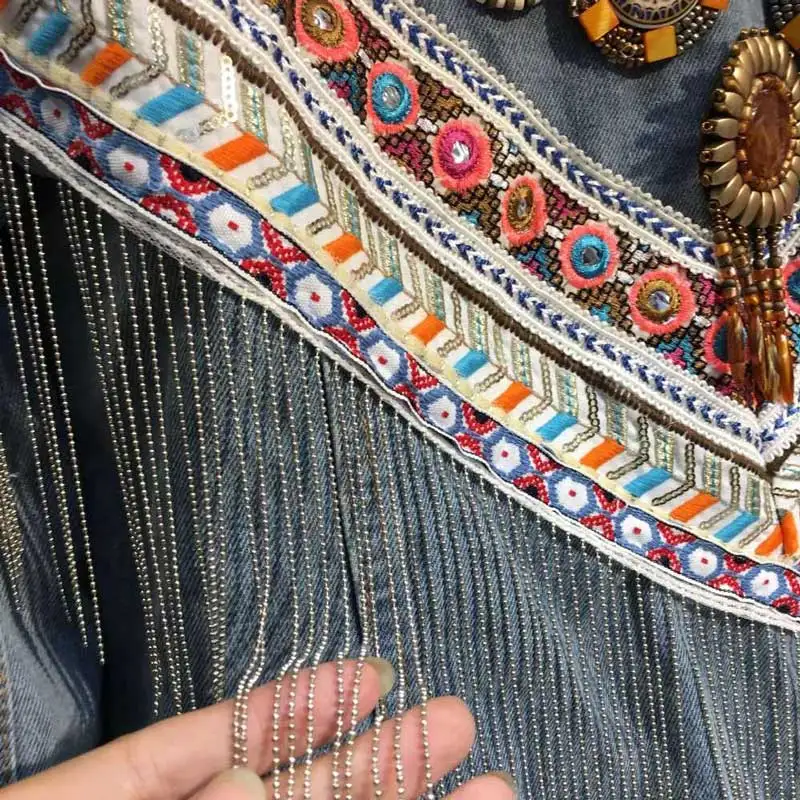 YAMDI Женская вышитая джинсовая куртка винтажное пальто с длинными рукавами фестиваль Подиум украшенный жакет шикарная Женская Chaqueta