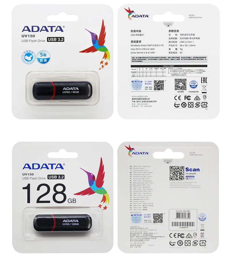 ADATA USB 3.2 Gen 1 Black Memory Stick 32gb 64gb 128gb 16gb High Speed Portable Pendrive UV150 Storage Disk For Computer 500gb usb stick