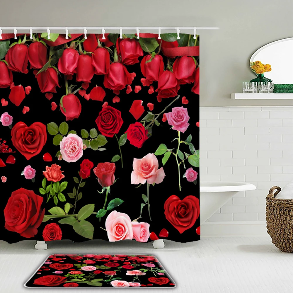 Colorful Flowers Red Rose Shower Curtain Set 3d Printing Waterproof