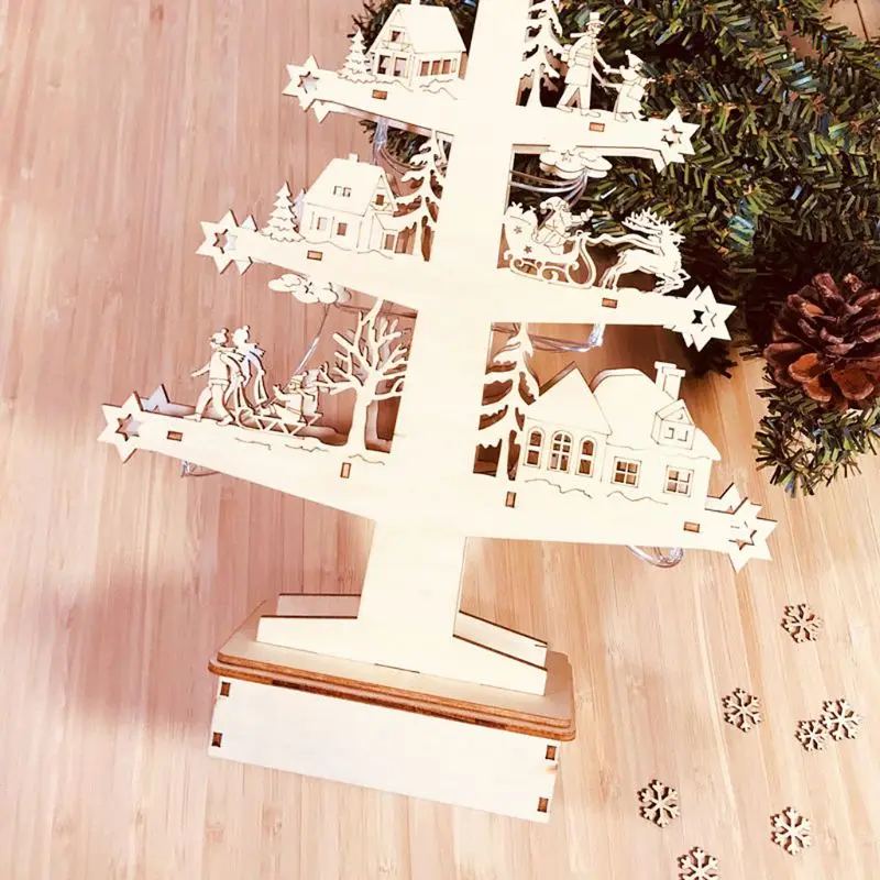 Wooden Christmas Ornament Xmas Tree with LED String Light DIY Craft Table Holiday Decoration New Year Toys Kids Gift