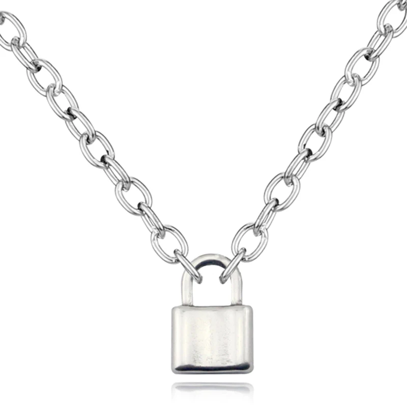 

Stainless Steel Silver Color PadLock Pendant Necklace Brand New Rolo Cable Chain Necklace collar ras du cou collier femme women