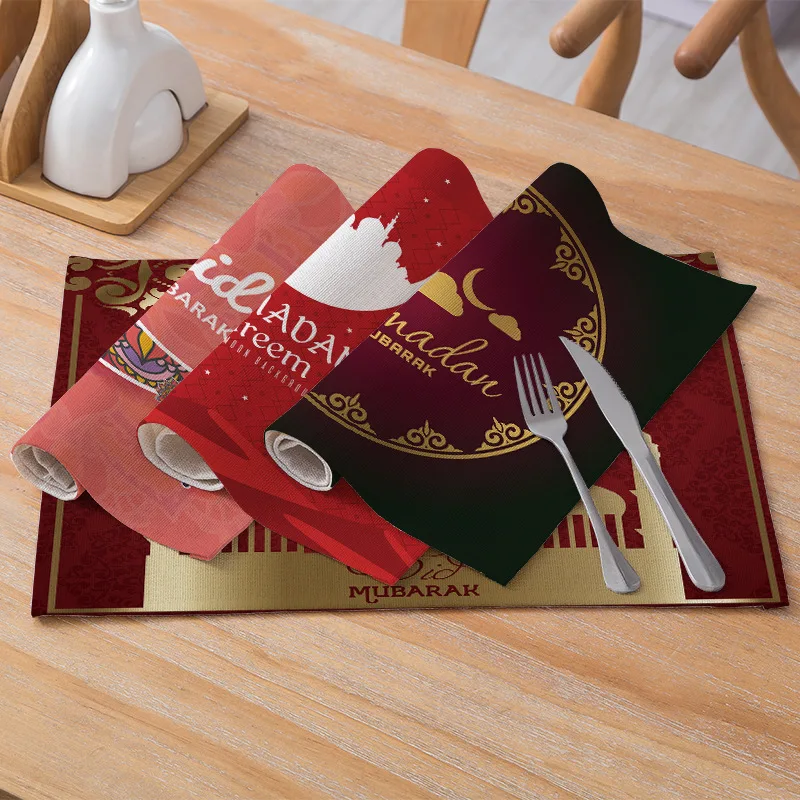 

Eid Mubarak Cotton And Linen Placemats Square Non-slip Heat Insulation Table Mats Coasters Placemats Restaurant Supplies