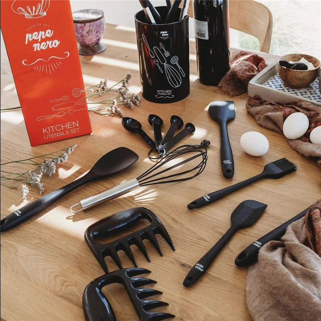 Pepe Nero Kitchen Utensil Set with Holder - Silicone Kitchen Utensils - Cooking Utensils - Utensil Set - Silicone Cooking Utensils - Cooking Utensils