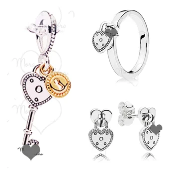 

NEW 2018 Valentine's Day Newest 100% 925 Sterling Silver Heart shaped key Pendant for Women Bracelet Fashion Earring Gift