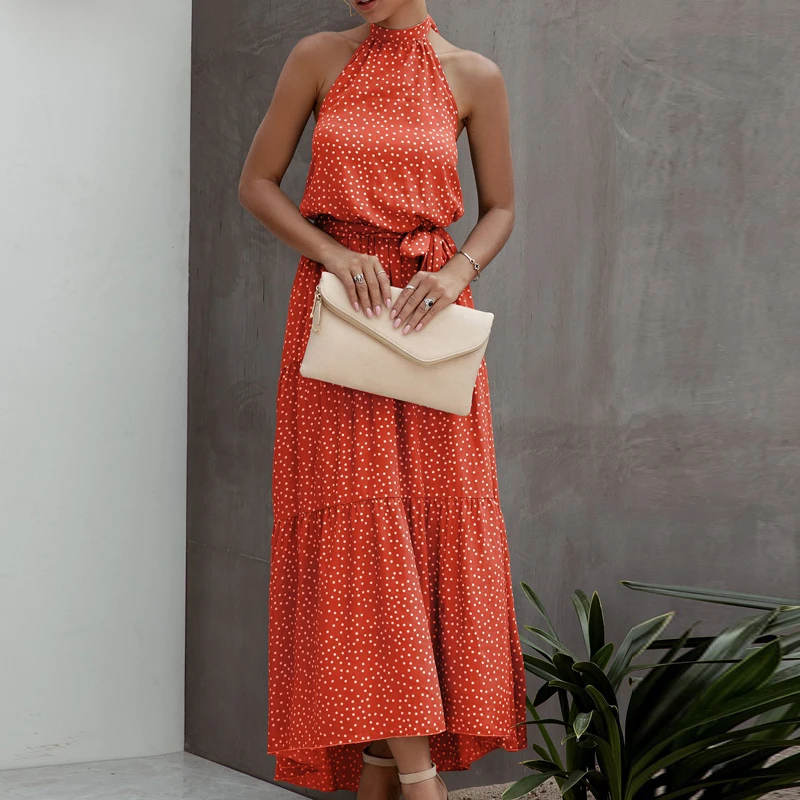 Модное платье в горошек Boho, хлопковое платье для женщин, лето, на шнуровке, Холтер, вечерние, макси платье, сексуальное, с открытой спиной, Асимметричный Сарафан