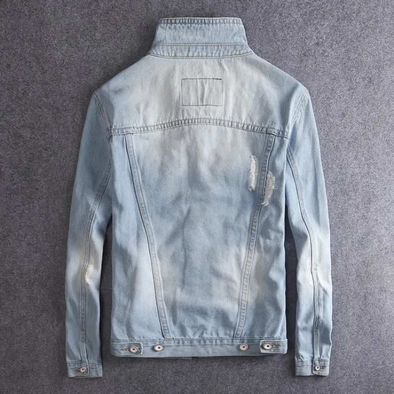 

Autumn Winter Mens Vintage Hole Ripped Korean Denim Jackets Slim Fit Light Blue Single Breasted Plus Size Casual Cowboy Coats