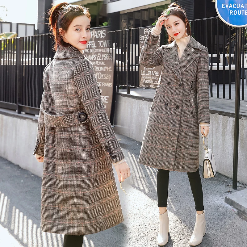 

Wool Coat Women 2019 Autumn Winter Slim Houndstooth Wool Lady Jacket Warm Thick Female Long Coats Double Breasted Plaid Overcoat