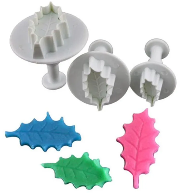 3 Pc/Set 3D Christmas Holly Leaf Leaves Cookie Plunger Cutter Fondant Sugarcraft Mold Cake Decoration Mould Baking Tools