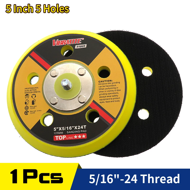 5 Inch 125mm 5 Hole DA Sanding Pad Sander Backing Pad 5/16" 24 Thread Hook and Loop Sanding Disc