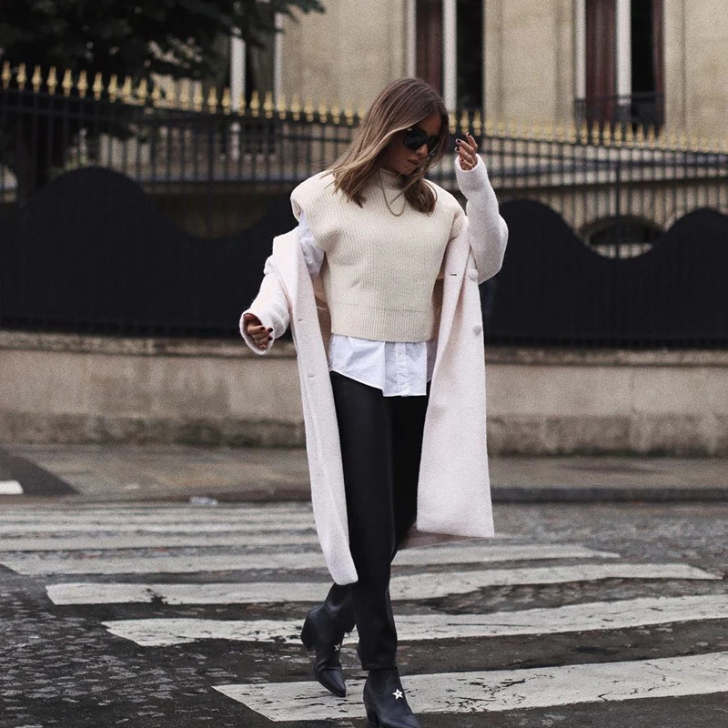 

2020 Autumn Winter Turtleneck Sleeveless Women Vest Sweater White Wide Shoulder Pullover Knitted Loose Casual Jumper
