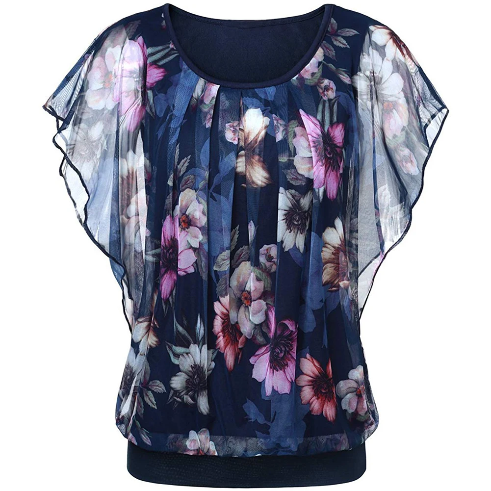 Plus Size Women Girls Ladies Summer blouse Short Batwing Sleeve O Neck Stylish Floral Print Loose Tunic shirts Casual Street Top womens shirts and blouses