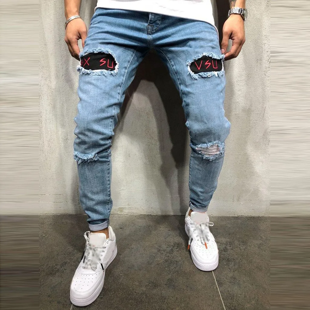 Хлопковые джинсы весна MenClothes из джинсовой ткани и хлопковой подкладкой для мальчиков, рваные карманы, искусственно состаренные Брюки повседневные штаны рваные, Стретч Джинсы 8,13