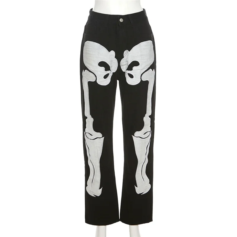 Personality Slim Fashion Jeans 2021 New Autumn Skull Printed Straight Pants Dark Denim Parties for Women bell bottom jeans