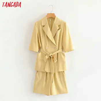 

Tangada 2020 summer female yellow solid suit shorts set suit 2 piece set elegant blazer with slash shorts high quality 2G11