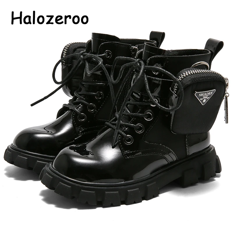 

New Autumn Kids Motorcycle Boots Children Patent Leather Shoes Baby Girls Fashion Ankle Boots Black Brand Shoes Soft Casual Boot