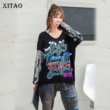 

XITAO Sequined Letter Knitted Sweater Women Fashion New 2019 Autumn Pullover Elegant Small Fresh Loose Style Sweater WQR1962