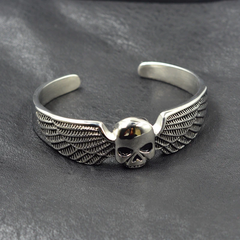 Silver Браслет в стиле хип-хоп, серебряный, золотой, Байкерский, Череп, 316L, нержавеющая сталь, крутой, мужской, для мальчиков, Крыло ангела, Череп, браслет, рок, ювелирное изделие - Окраска металла: Silver