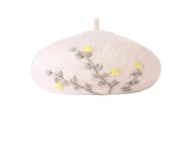 New Vintage Wool Beret Caps Women Floral Embroidery Woolen Painter Hat Autumn Winter Warm Pumpkin Cap Sweet Girls Baret Hat