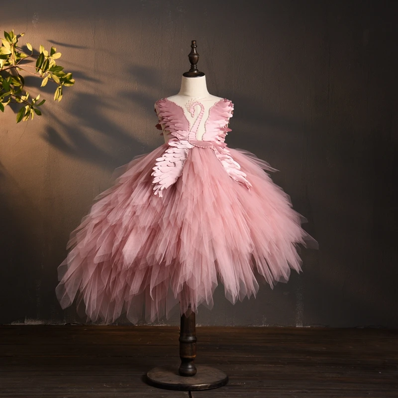 Elegant Swan Crystal Tulle Trailing Flower Girl Dress Evening Gown Kids Pageant Dress Birthday Party Feather Lace Princess Dress little girl skirt dress