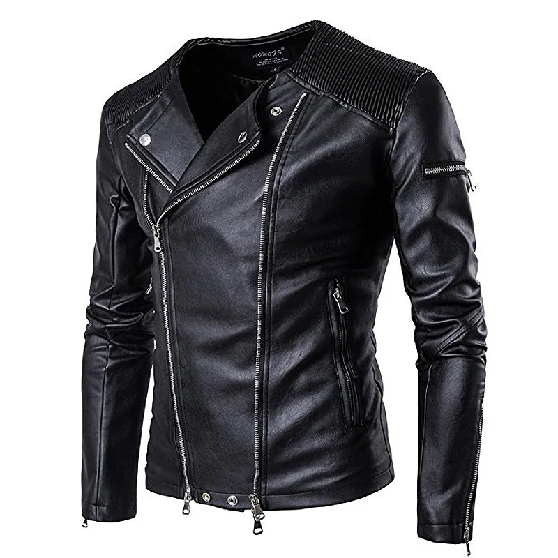 

2019 Spring And Autumn New Style Europe And America Men Fashion Pleated Large Lapel Multi-Zipper Short Locomotive Leather Coat