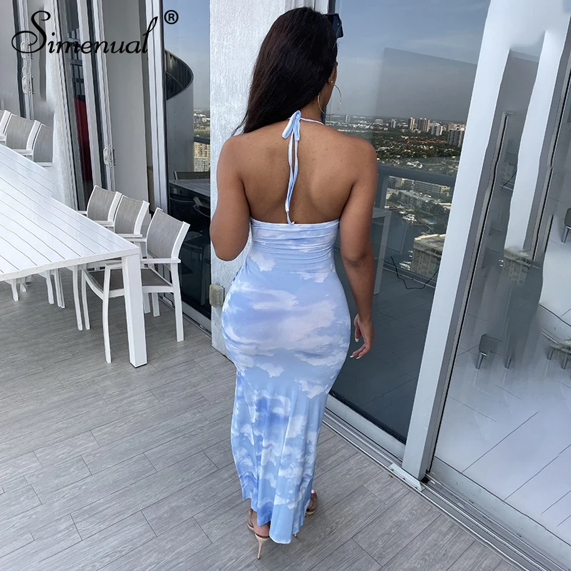 Simenual Tie Dye Drawstring Side Slit Women Maxi Dresses Strap Sleeveless Party Club Fashion Slim Backelss Bodycon Halter Dress